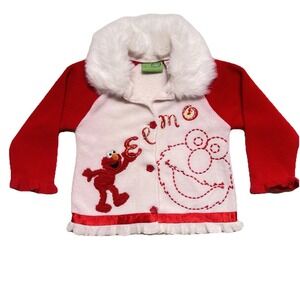 Sesame Street Y2K Baby Elmo Embroidered Fleece Cardigan With Fur Collar 18 Month